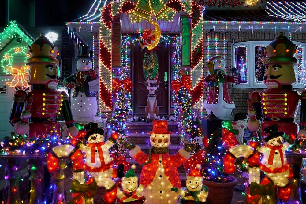 Christmas Outdoor Christmas Decorations Snowman And Nutcracker Lights Up House In Brooklyn, New York